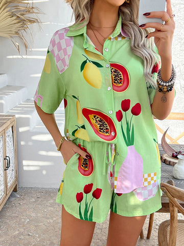 Short Sleeve Tropical Print Resort Shorts Set