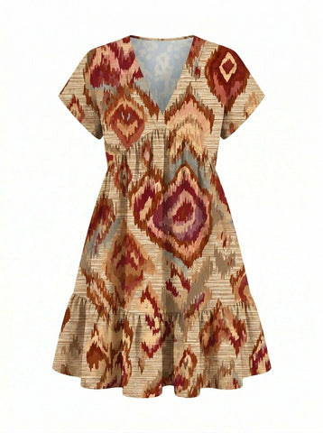 EVA Floral Print V Neck Tiered Babydoll Mini Dress