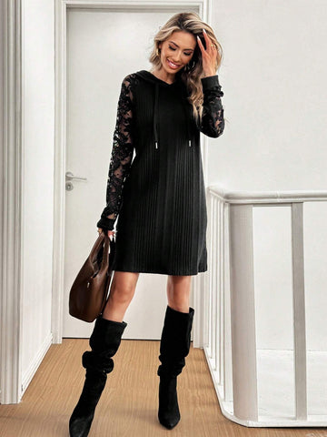 Lace Sleeve Ribbed Hoodie Dress