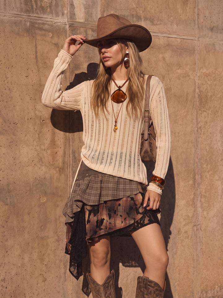 Distressed Plaid Ruffle Asymmetric Mini Skirt