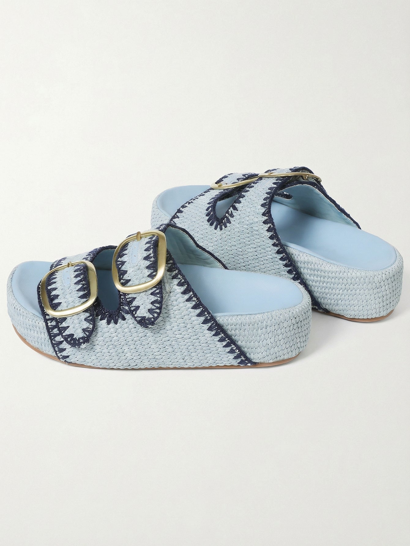 Platform Double-Buckle Stud-Detailed Edgy Slide Sandals-Black