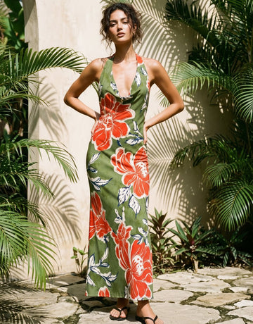 LILA Floral Print Cowl Neck Bodycon Midi Dress