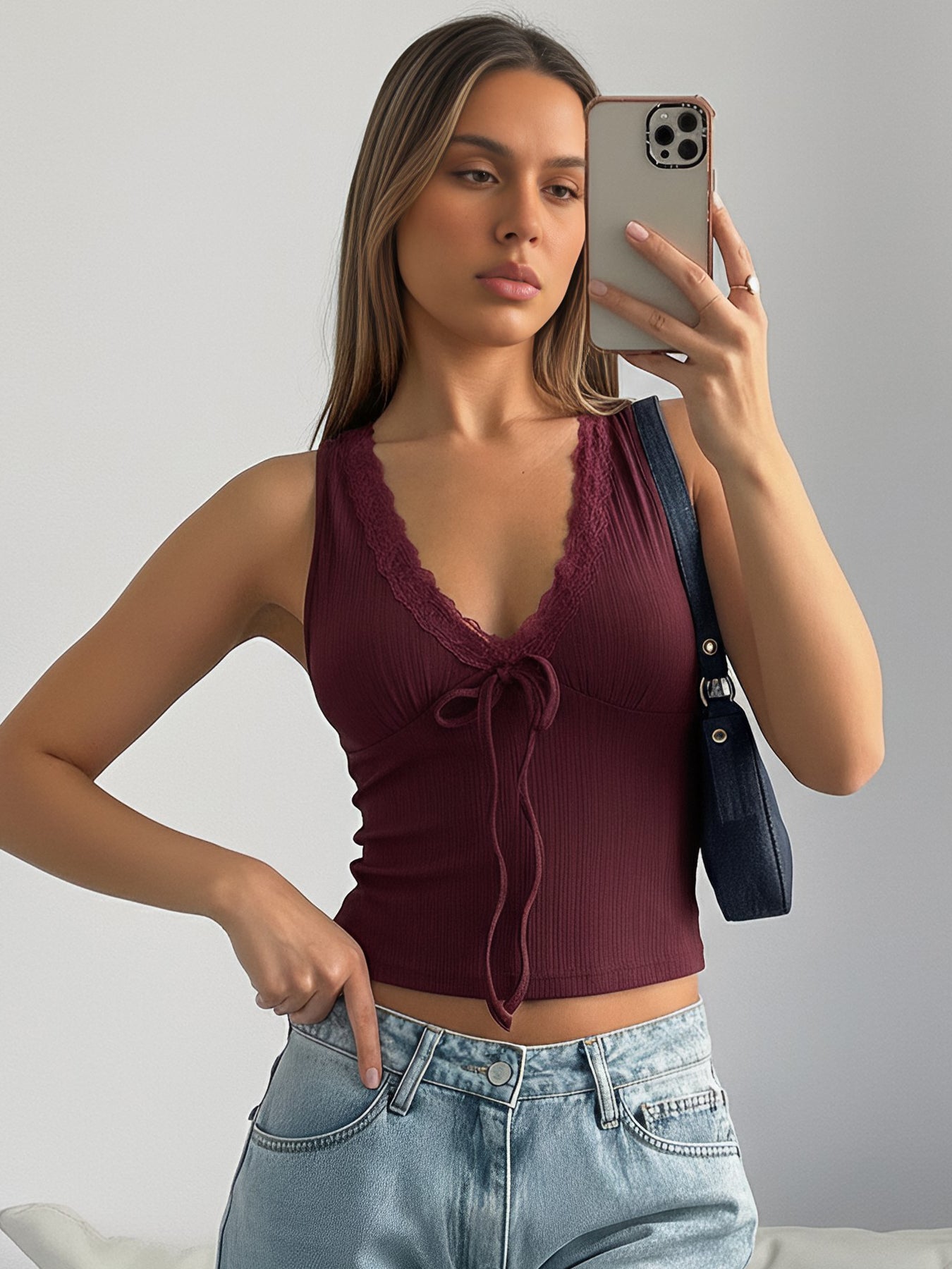 Ribbed Lace Trim Tie Front Tank
