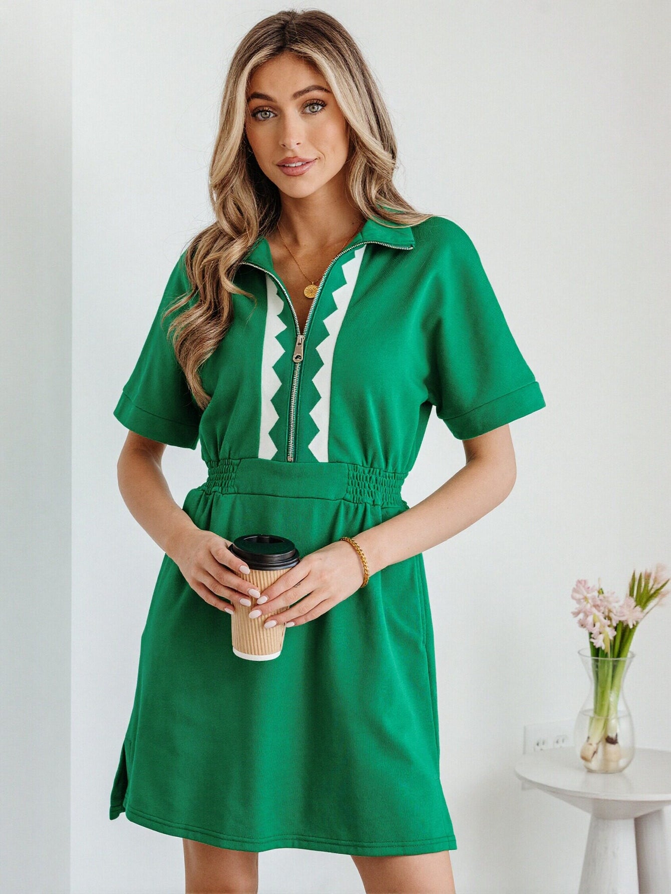 Zip Front Contrast Trim Dress