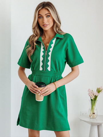 Zip Front Contrast Trim Dress