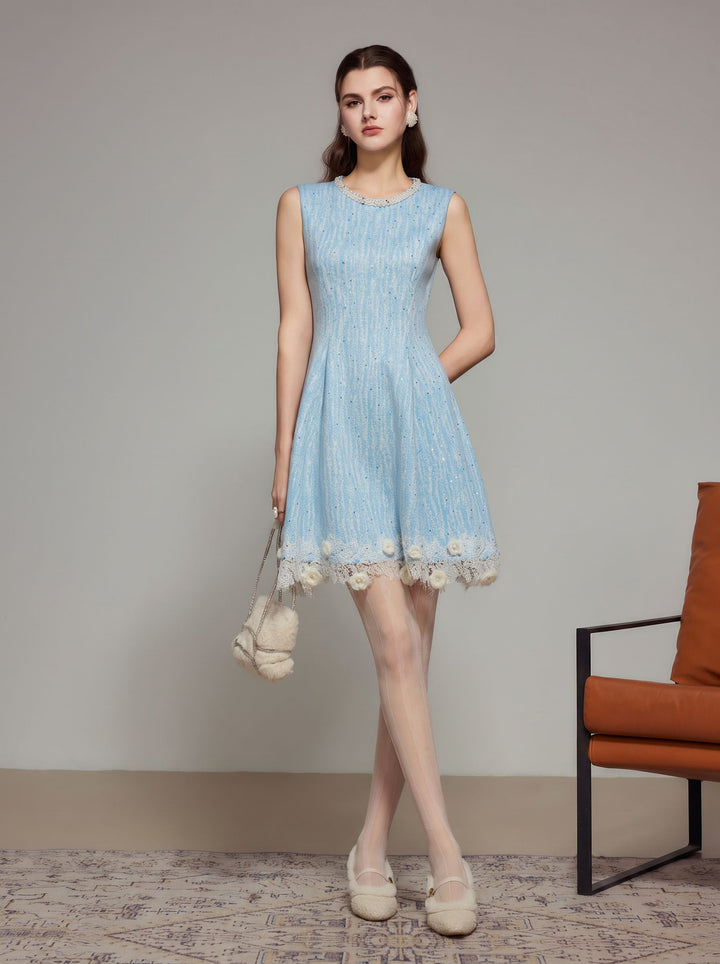 Embellished Tweed Floral Lace Dress