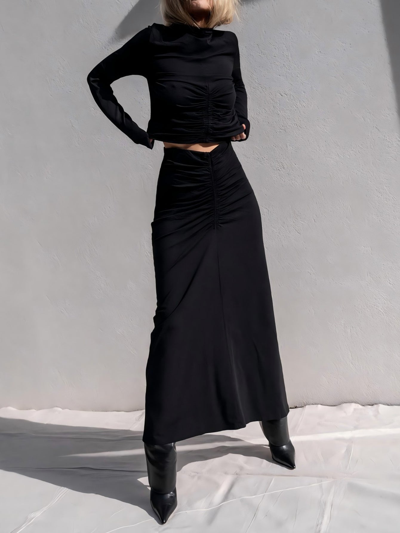 Sexy Ruched Crop Maxi Skirt Set