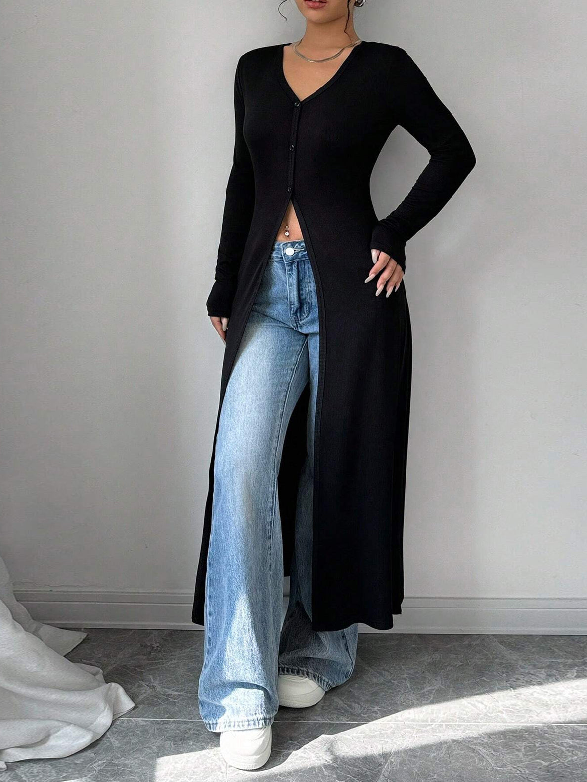 Ribbed Button Front Long Cardigan