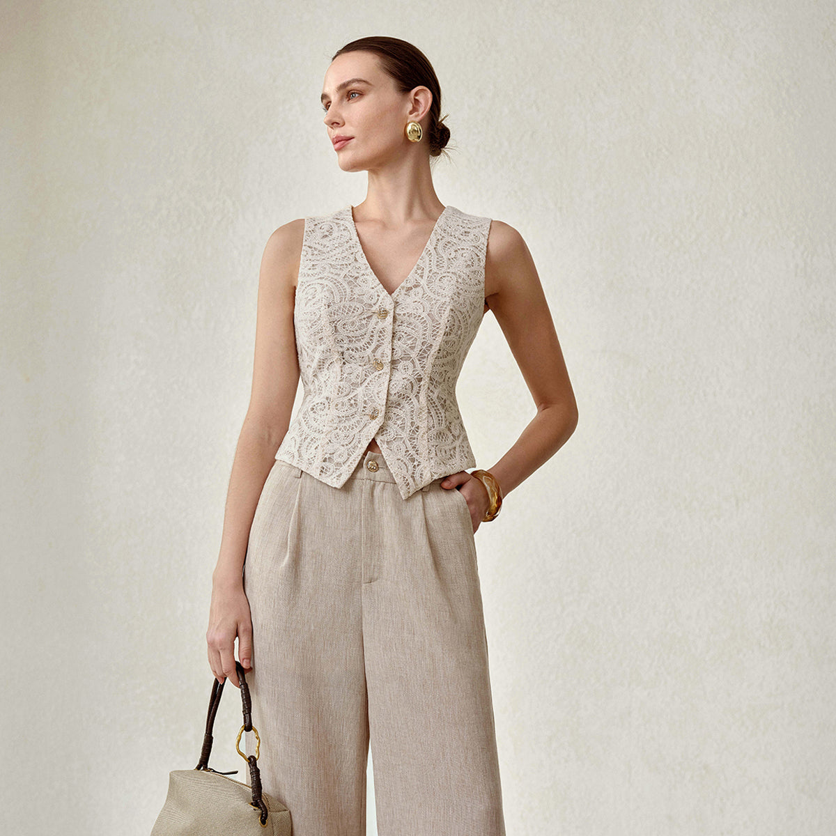 Elegant Lace Vest Wide Leg Pants Set