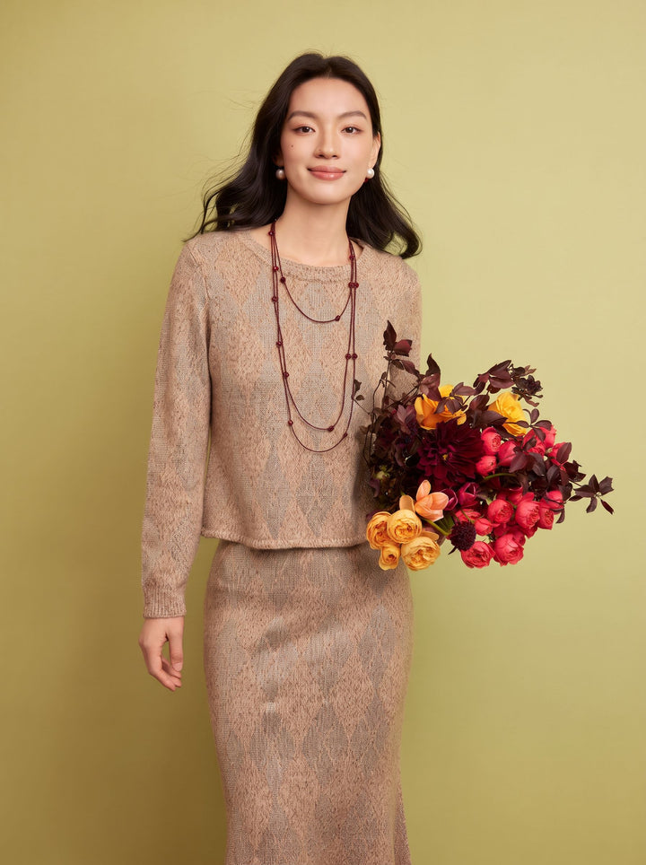 Shimmer Argyle Knit Crewneck Sweater