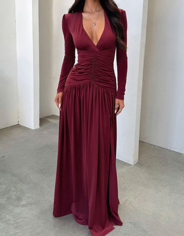 Long-Sleeve Shirred-Bodice Deep-V Elegance Maxi Dress