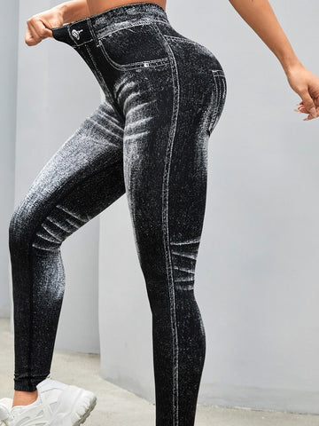 High Waisted Faux Denim Leggings