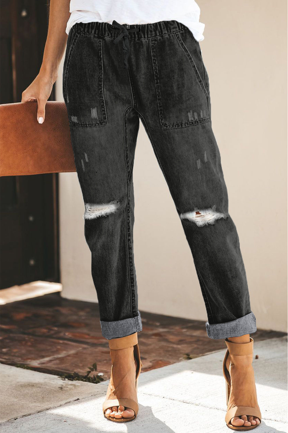 High Waist Drawstring Detail Jeans