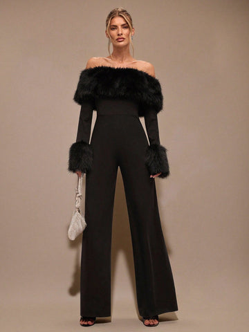 Faux Fur Off Shoulder Jumpsuit