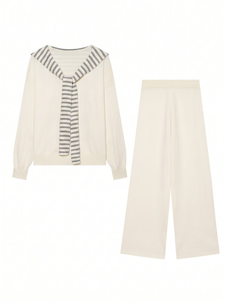 Casual Striped Sailor Collar Knit Pants Sets