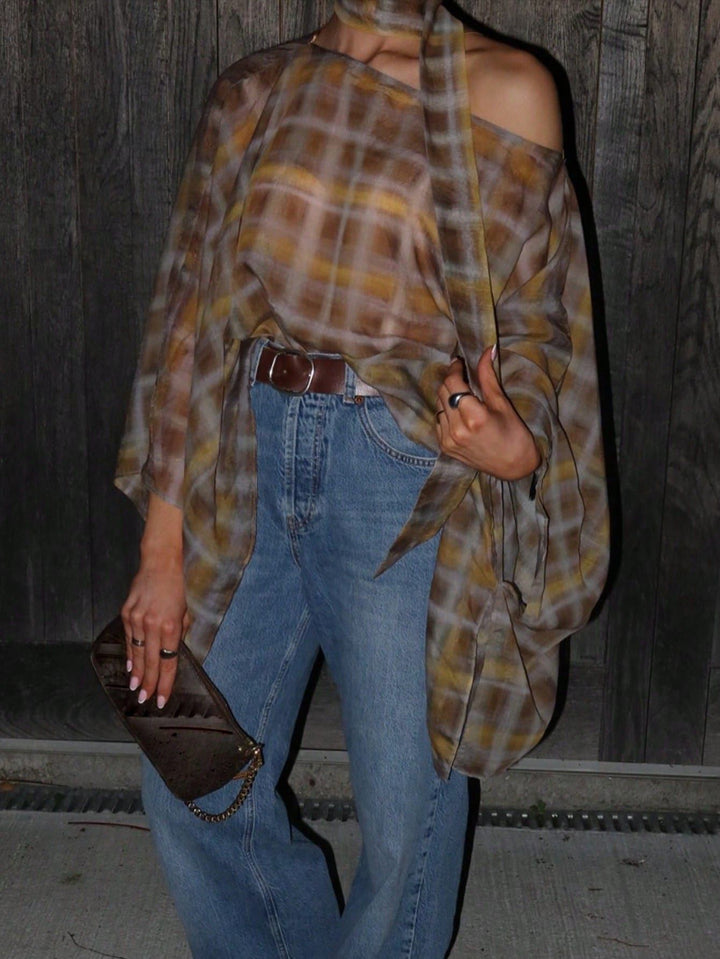 Plaid Chiffon Halter Neck Blouse
