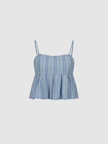 Striped Strappy Pleated Denim Shirts