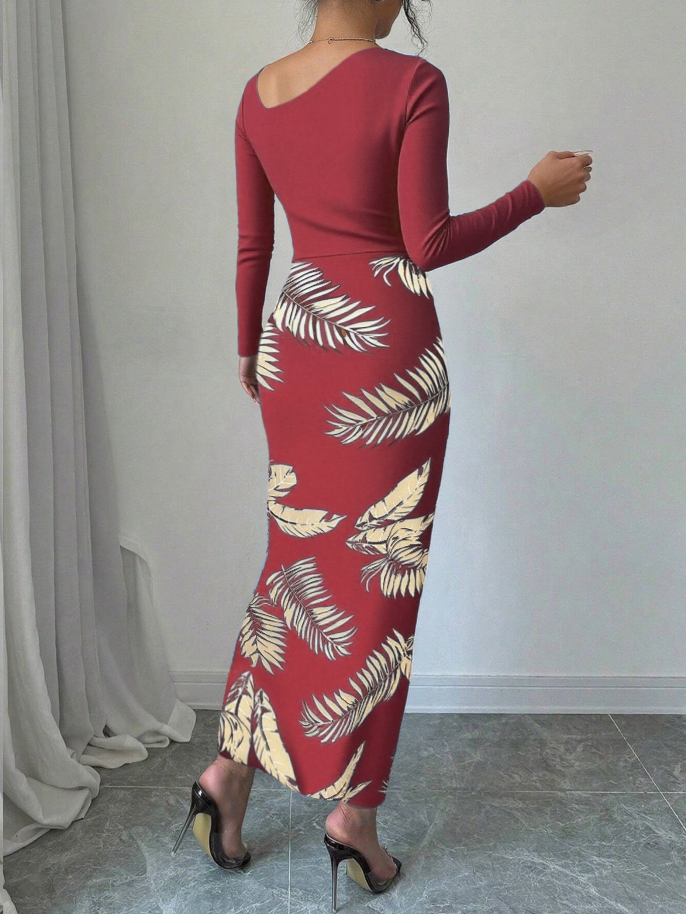 Asymmetric Ruched Slit Tropical Midi Dress