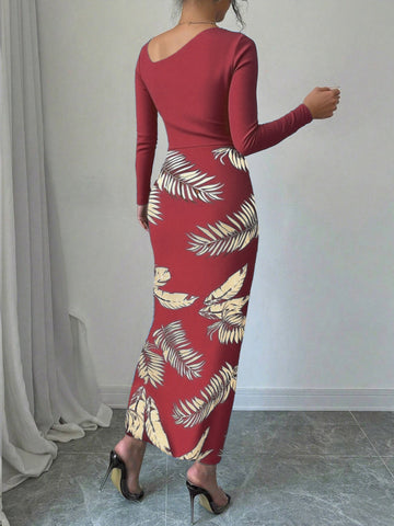 Asymmetric Ruched Slit Tropical Midi Dress