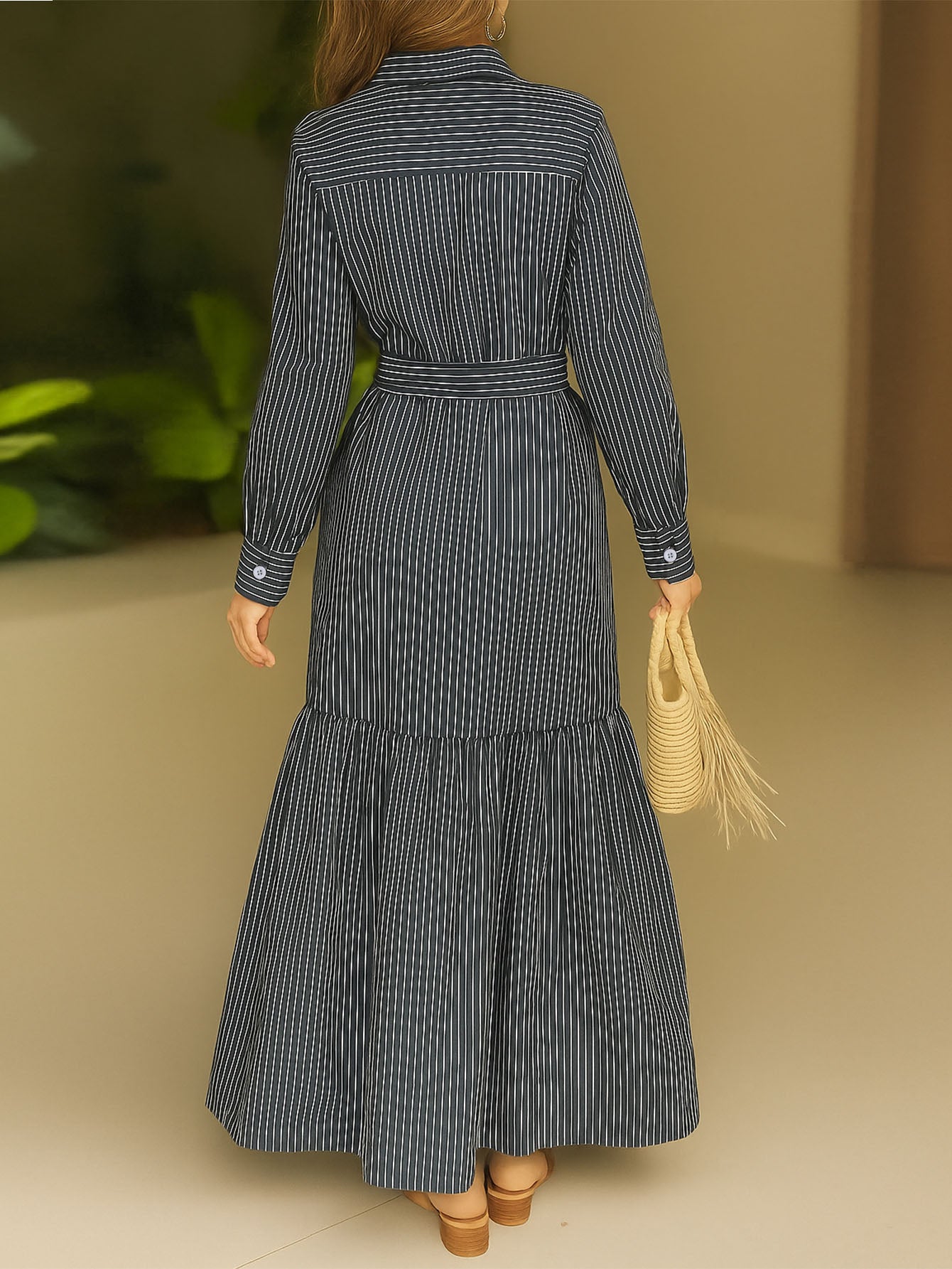 Belted Striped Button Down Maxi Dress