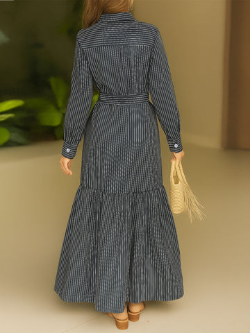 Belted Striped Button Down Maxi Dress