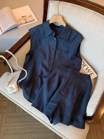 Sleeveless Linen Tailored Shorts Set
