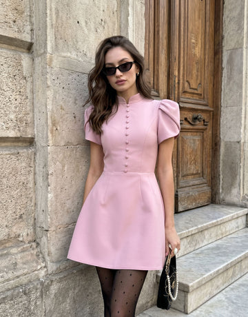 Elegant Button Front Puff Sleeve Dress