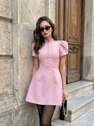 Elegant Button Front Puff Sleeve Dress