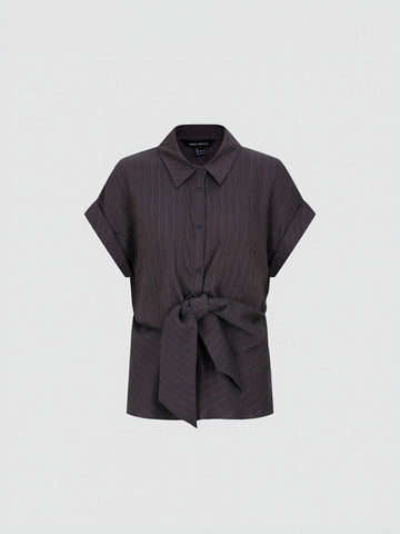 Tie-Waist Striped Short Sleeve Shirts