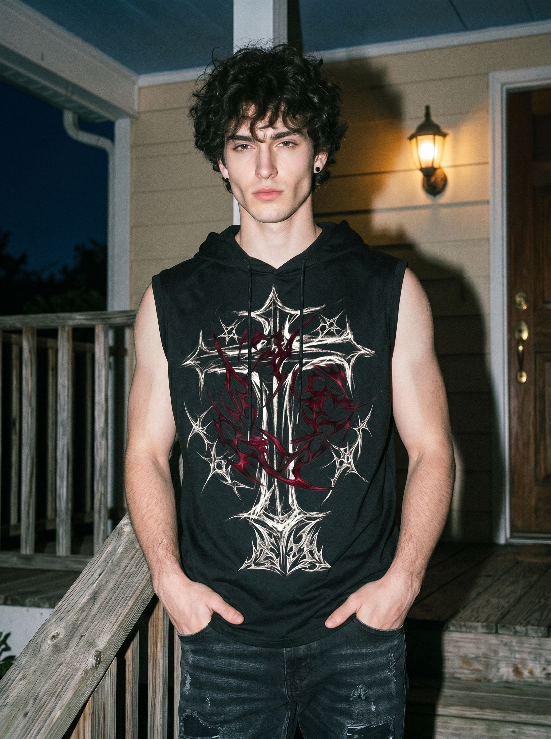 Graphic Print Hooded Sleeveless Tank Top
