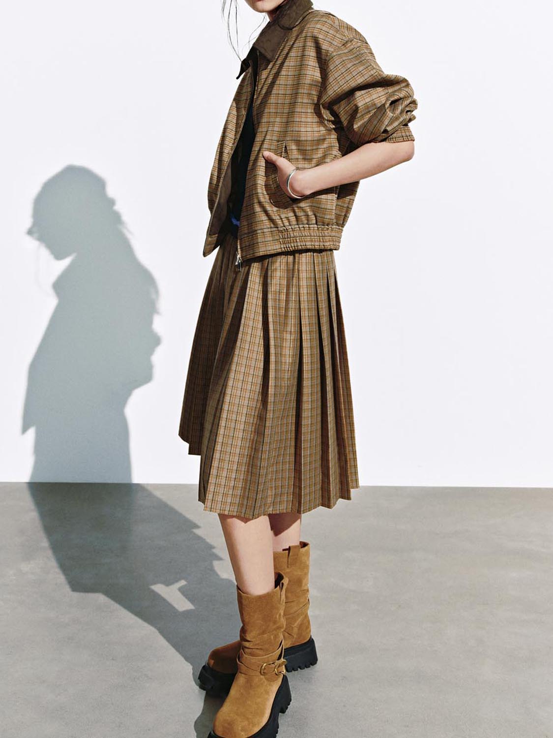 Urban Revivo 2 In 1 Layered Check Midi Skirts-Brown Check