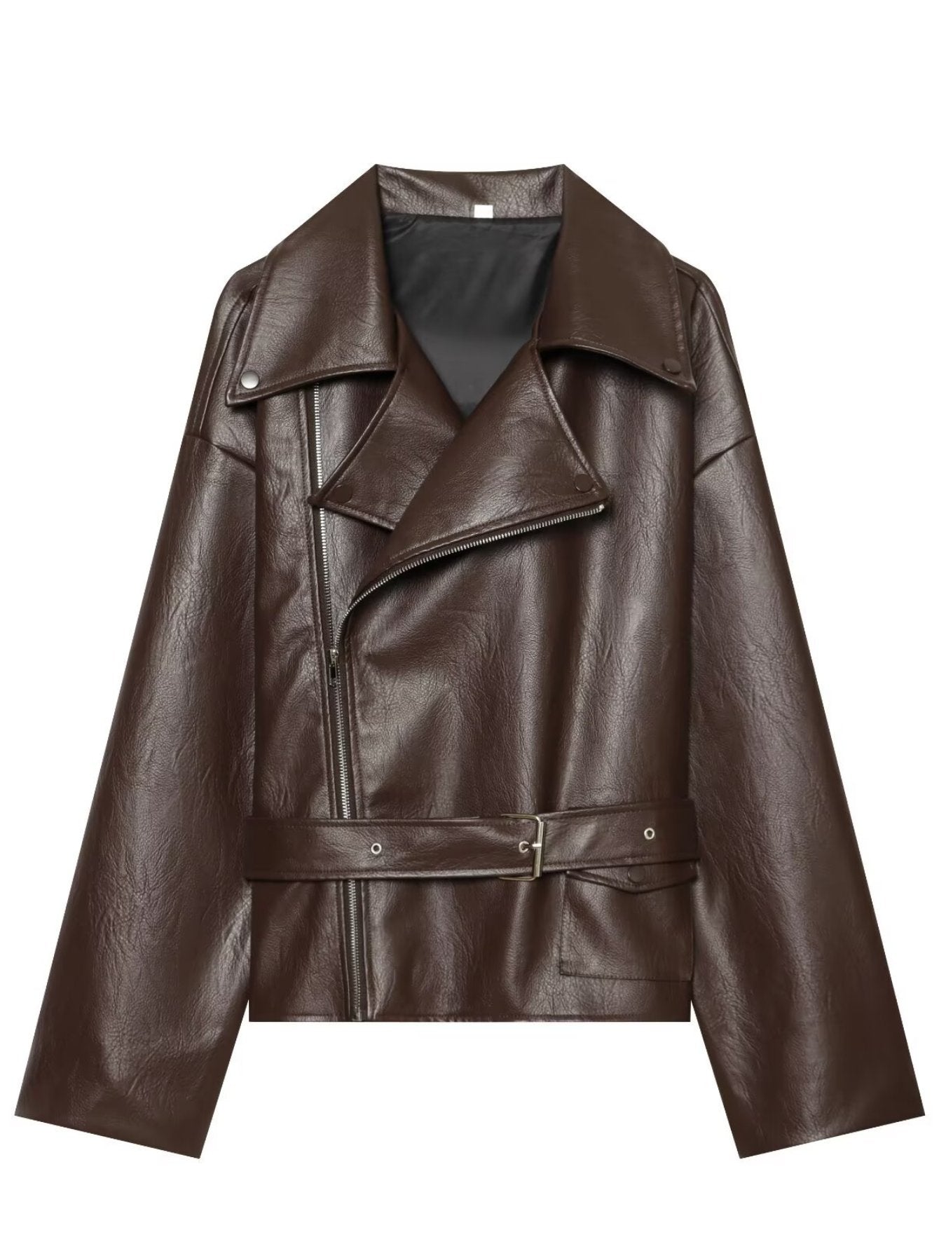Oversized Brown Faux Leather Moto Jacket
