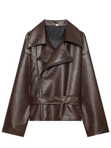 Oversized Brown Faux Leather Moto Jacket