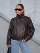 Oversized Brown Faux Leather Bomber Jacket