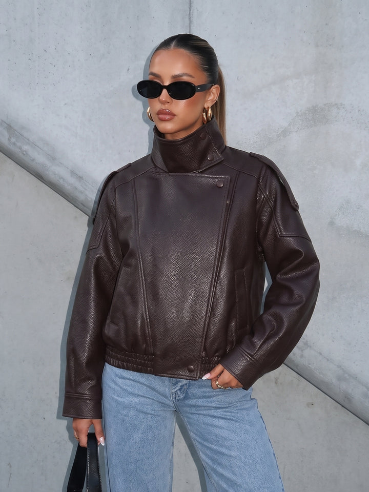 Oversized Brown Faux Leather Bomber Jacket