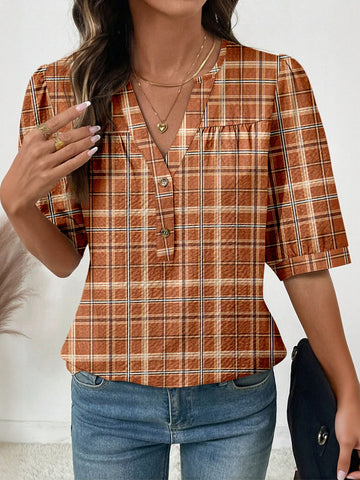 Plaid Puff Sleeve Chiffon Blouse