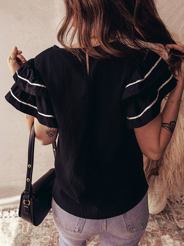 Ruffle Sleeve Black Feminine T-Shirt