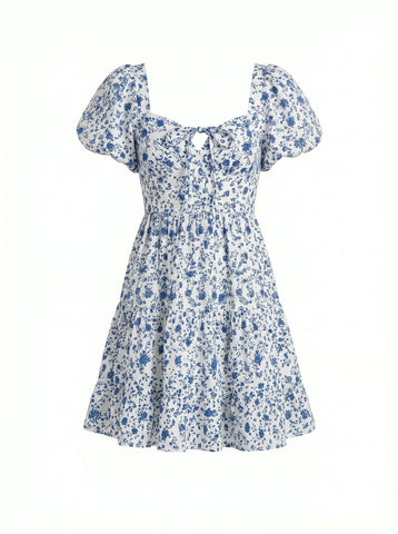 AYLA Chinoiserie Ditsy Puff Sleeve Tiered Mini Dress