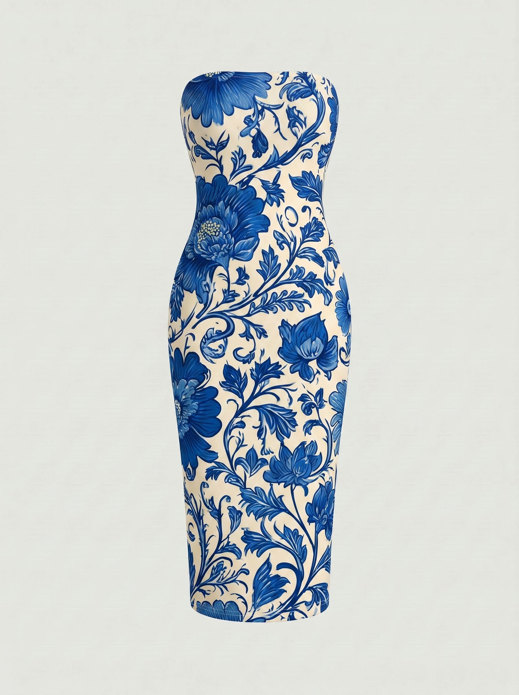 MAIA Floral Print Strapless Sheath Midi Dress