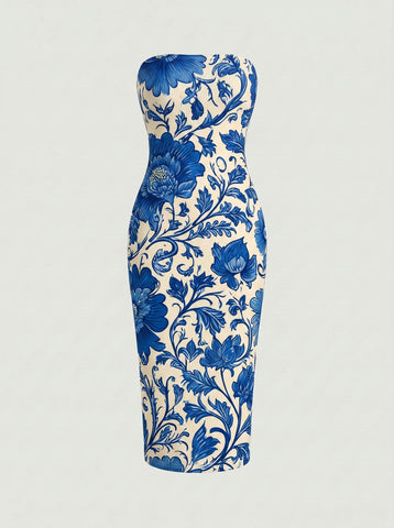 MAIA Floral Print Strapless Sheath Midi Dress