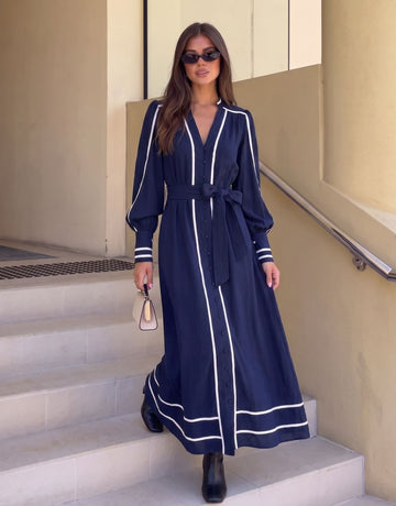 Elegant Belted Contrast Trim Maxi Dress