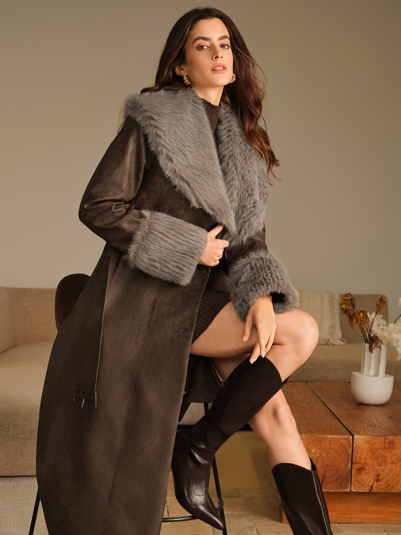 Faux Fur Trim Belted Leather Coat
