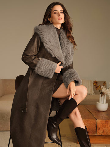 Faux Fur Trim Belted Leather Coat