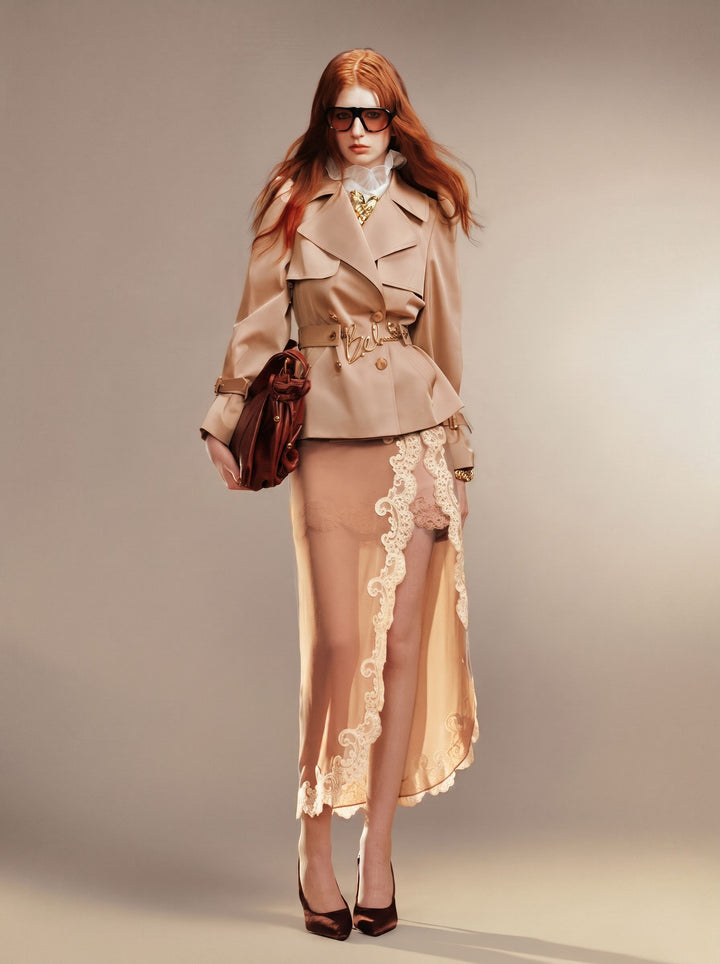 Puff Sleeve Belted Cropped Trench Coat