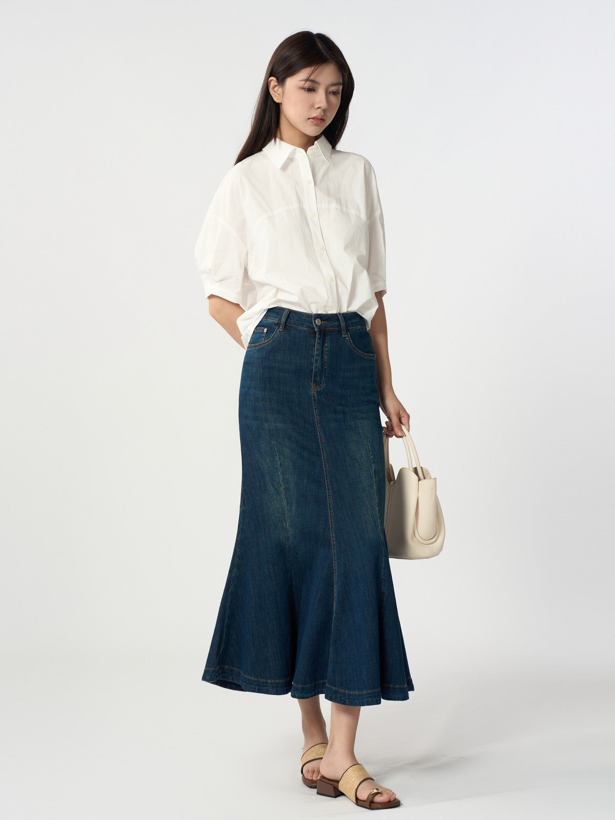 High Waisted Flared Denim Skirt
