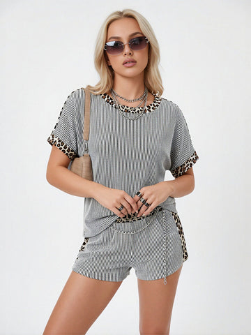Striped Leopard Print Shortall Set