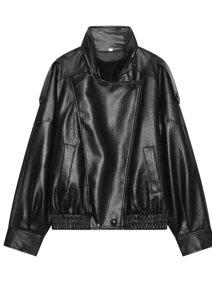 Oversized Brown Faux Leather Bomber Jacket
