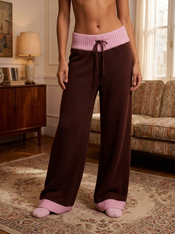 Colorblock Ribbed Knit Wide Leg Pants