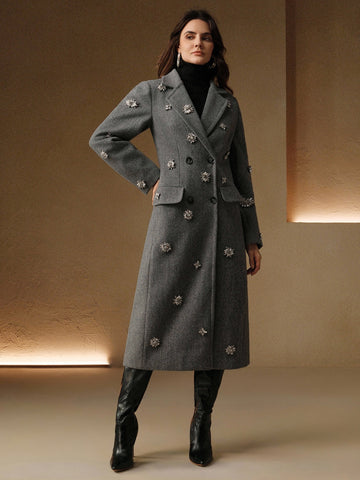 Embellished Double Breasted Wool Coat