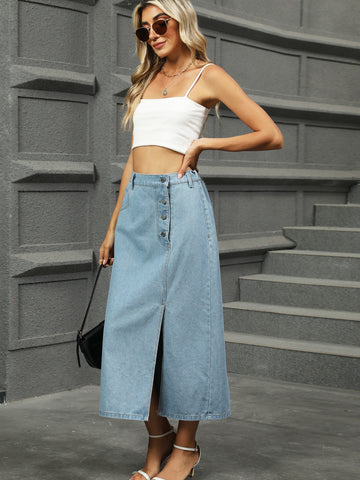 High Waisted Button Front Denim Midi Skirt